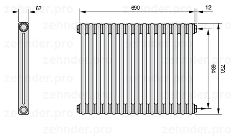 Схема (чертеж) Радиатор Zehnder Charleston 2075/15 №7610 Белый глянцевый RAL 9016